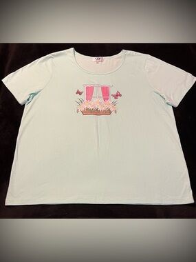 EUC C&K Designs Light Blue Embroidered Floral Window Tee Women’s 2XL